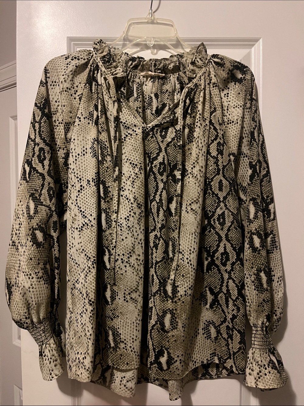 entro Snake-Print Tie-Neck Blouse in Black and Cream